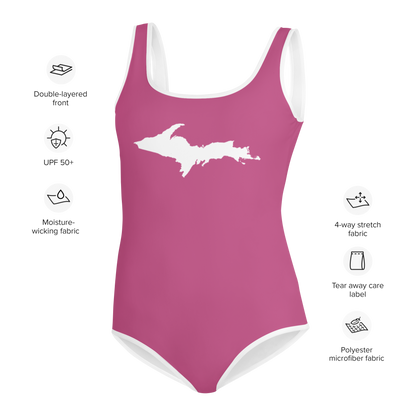 Michigan Upper Peninsula Youth Swimsuit (w/ UP Outline) | Apple Blossom Pink