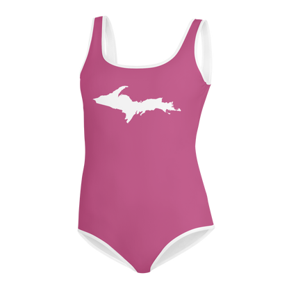 Michigan Upper Peninsula Youth Swimsuit (w/ UP Outline) | Apple Blossom Pink