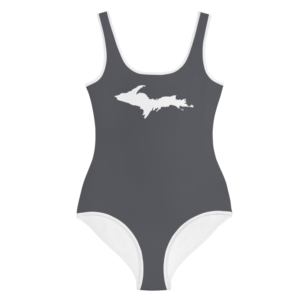 Michigan Upper Peninsula Youth Swimsuit (w/ UP Outline) | Iron Ore Grey