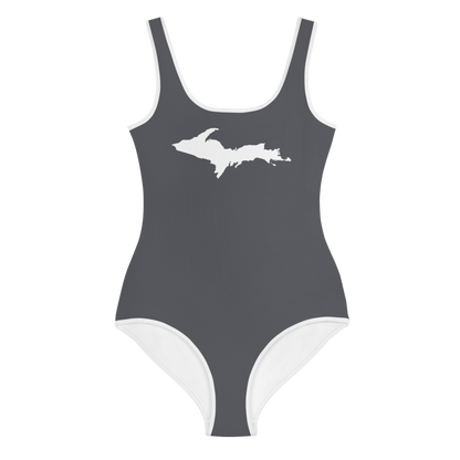 Michigan Upper Peninsula Youth Swimsuit (w/ UP Outline) | Iron Ore Grey