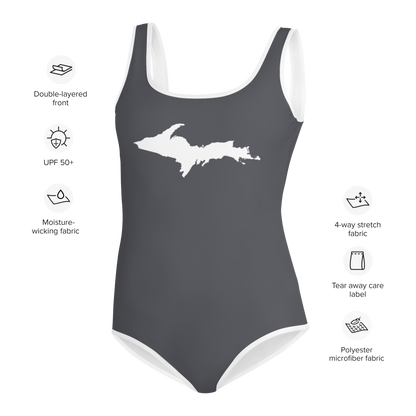 Michigan Upper Peninsula Youth Swimsuit (w/ UP Outline) | Iron Ore Grey