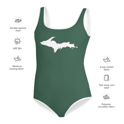 Michigan Upper Peninsula Youth Swimsuit (w/ UP Outline) | Ginger Ale Green