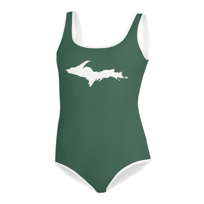 Michigan Upper Peninsula Youth Swimsuit (w/ UP Outline) | Ginger Ale Green