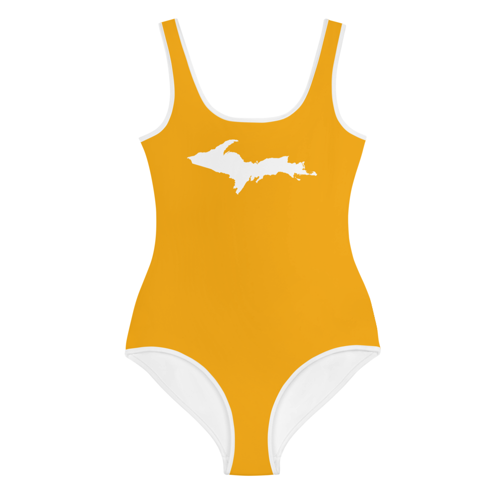 Michigan Upper Peninsula Youth Swimsuit (w/ UP Outline) | Birch Bark Orange