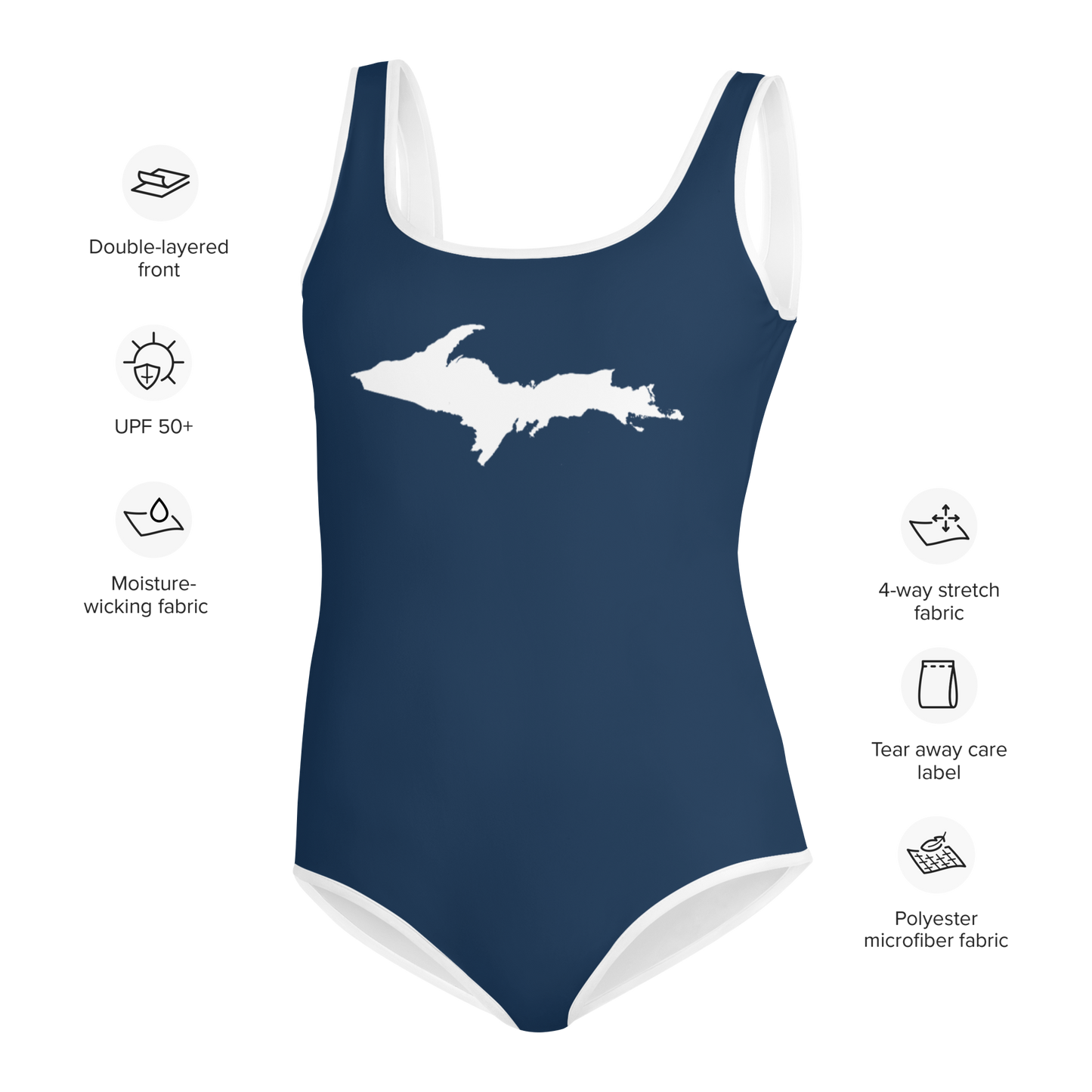 Michigan Upper Peninsula Youth Swimsuit (w/ UP Outline) | Navy