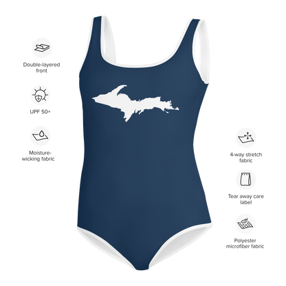 Michigan Upper Peninsula Youth Swimsuit (w/ UP Outline) | Navy