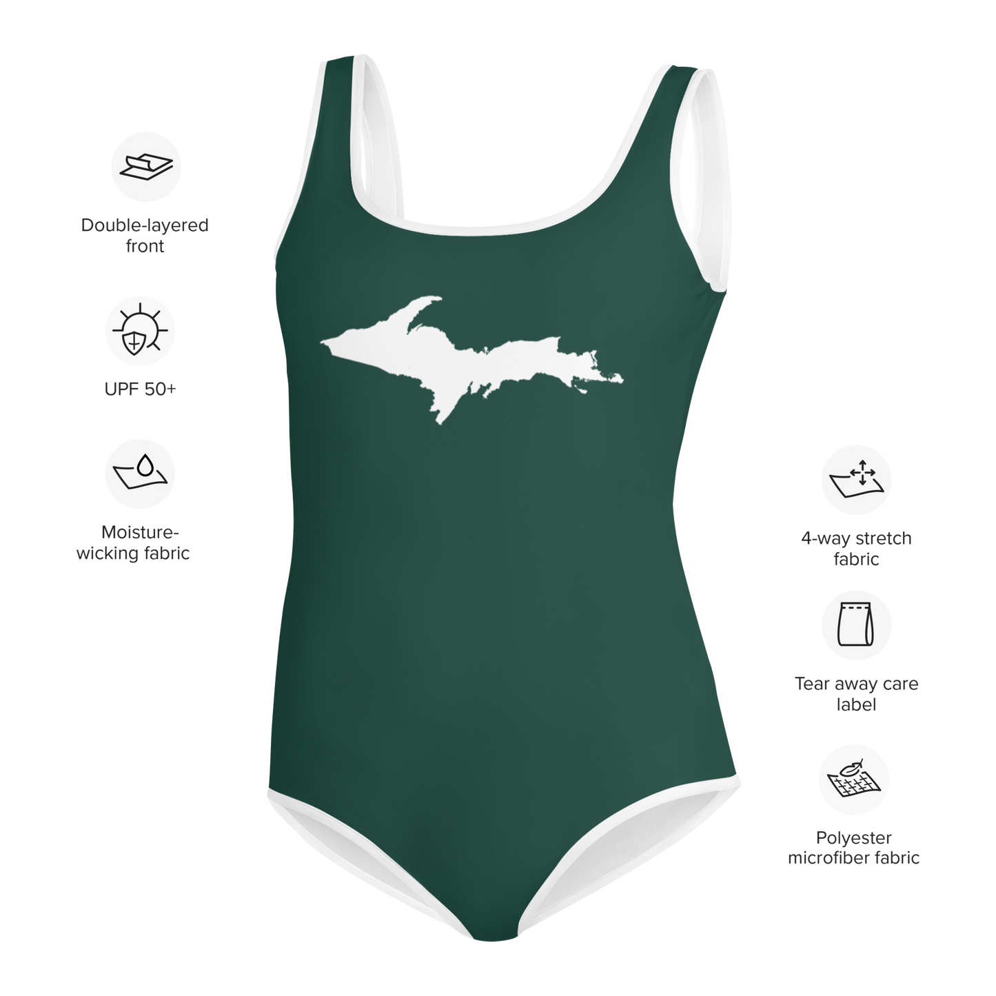 Michigan Upper Peninsula Youth Swimsuit (w/ UP Outline) | Laconic Green