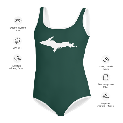 Michigan Upper Peninsula Youth Swimsuit (w/ UP Outline) | Laconic Green