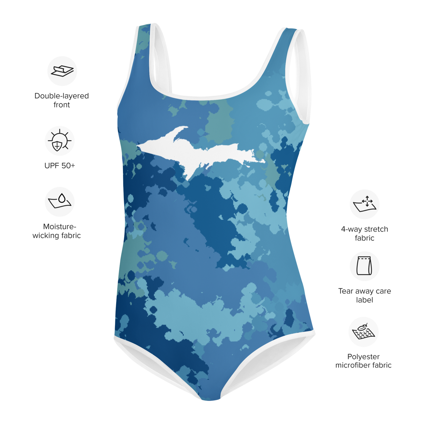 Michigan Upper Peninsula Youth Swimsuit (w/ UP Outline) | Great Lakes Camo