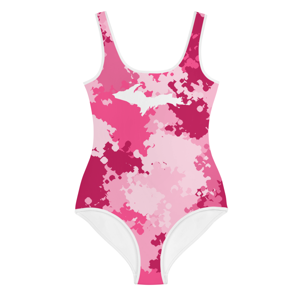 Michigan Upper Peninsula Youth Swimsuit (w/ UP Outline) | Pink Camo