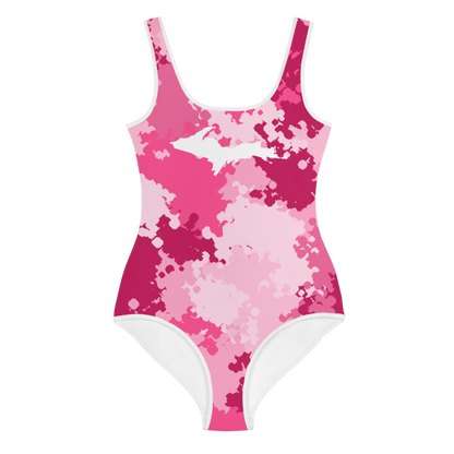 Michigan Upper Peninsula Youth Swimsuit (w/ UP Outline) | Pink Camo