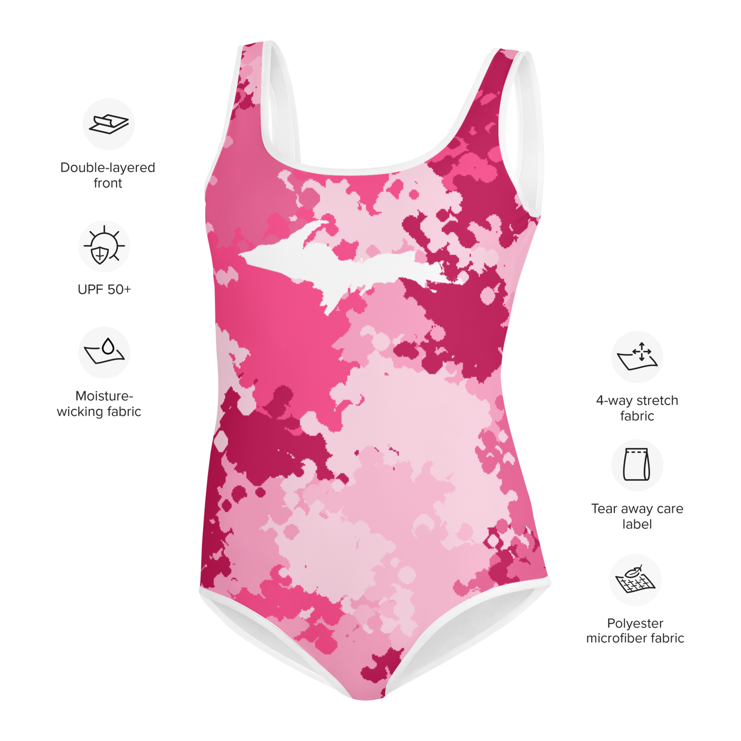 Michigan Upper Peninsula Youth Swimsuit (w/ UP Outline) | Pink Camo