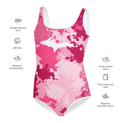 Michigan Upper Peninsula Youth Swimsuit (w/ UP Outline) | Pink Camo