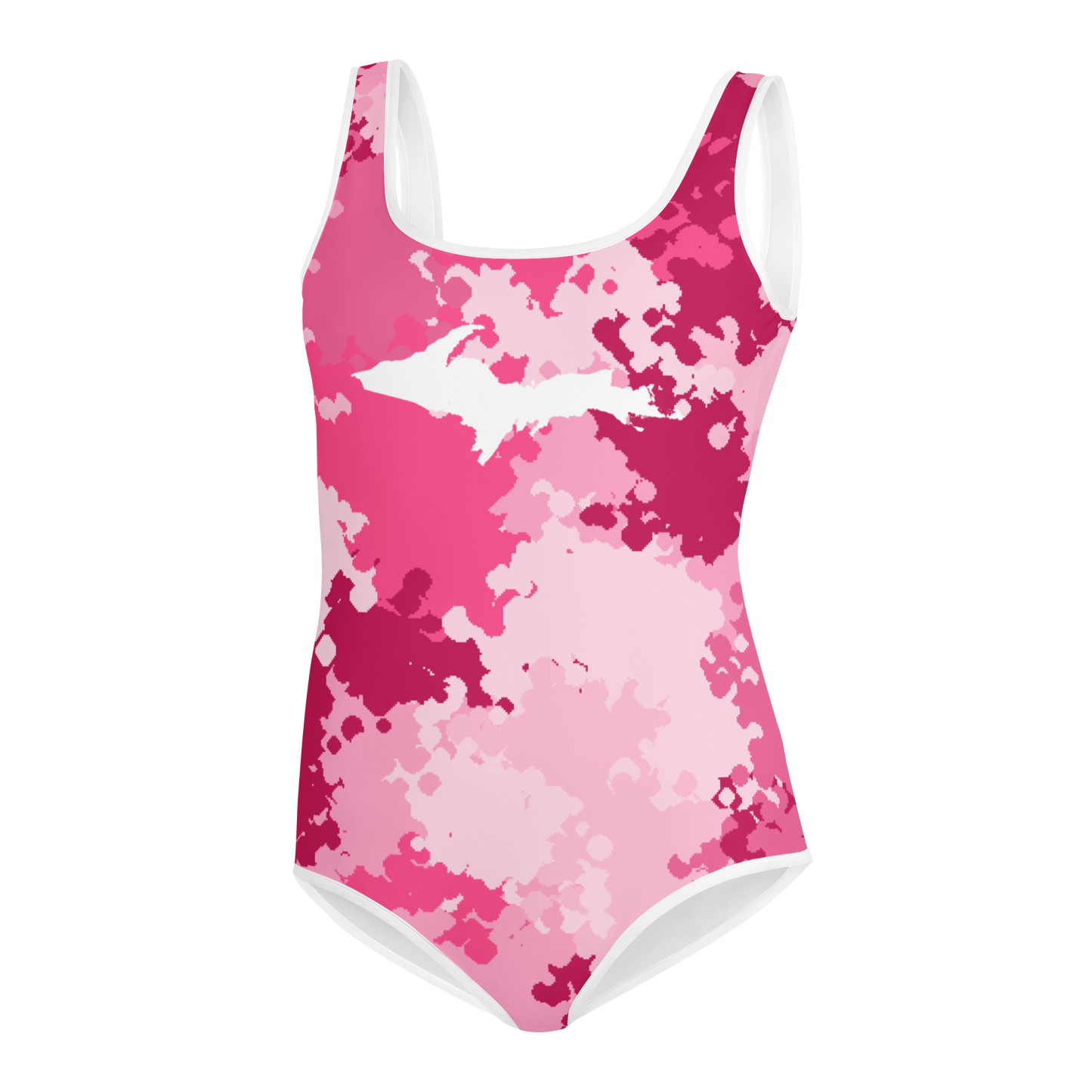 Michigan Upper Peninsula Youth Swimsuit (w/ UP Outline) | Pink Camo