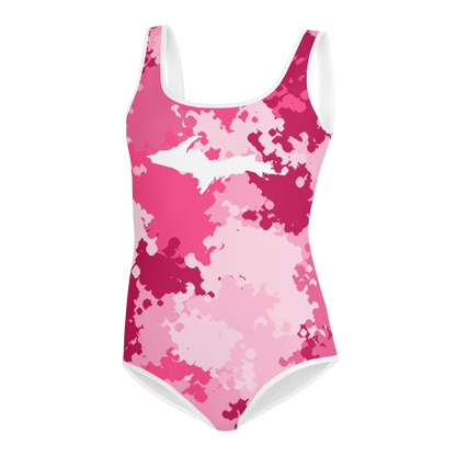 Michigan Upper Peninsula Youth Swimsuit (w/ UP Outline) | Pink Camo