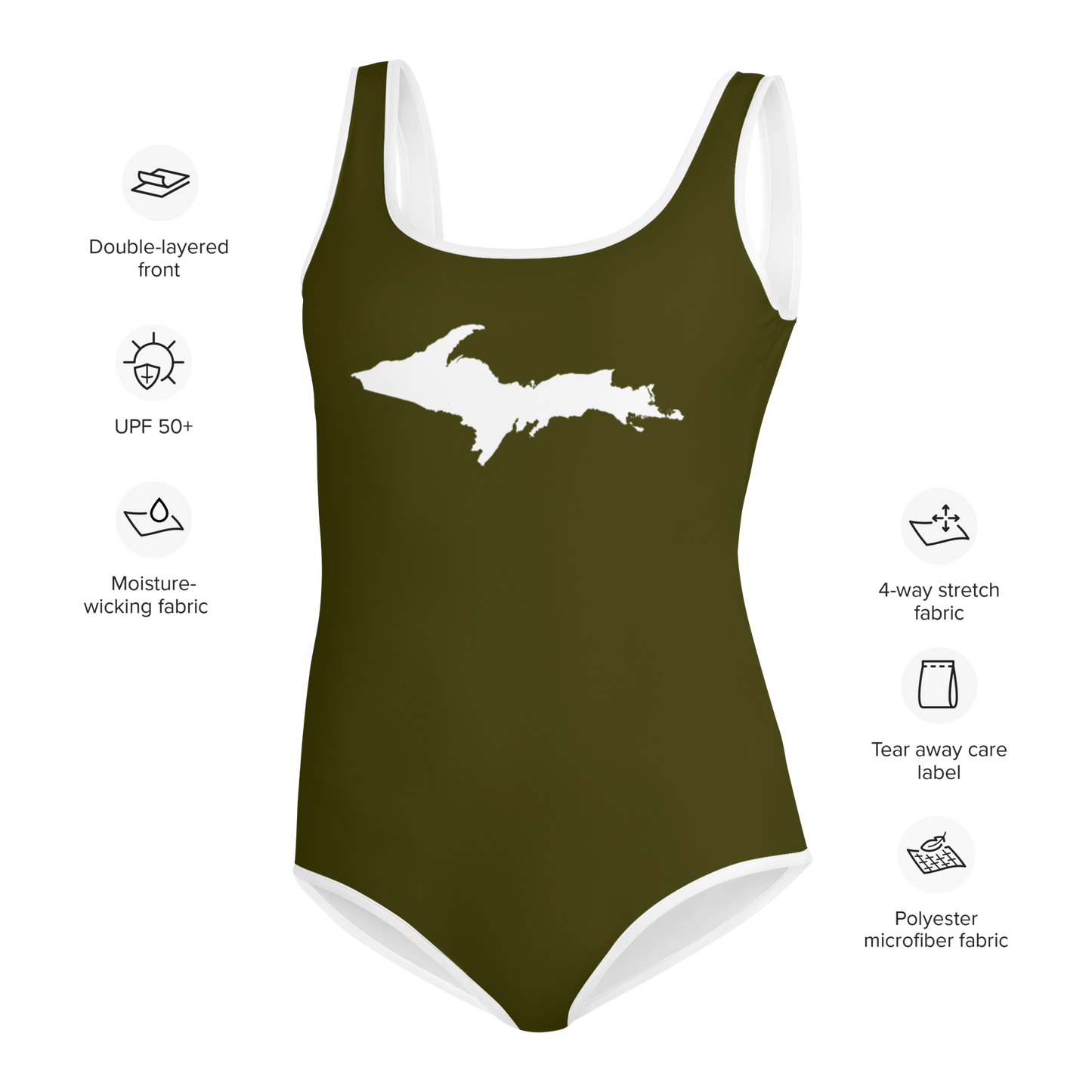 Michigan Upper Peninsula Youth Swimsuit (w/ UP Outline) | Military Green