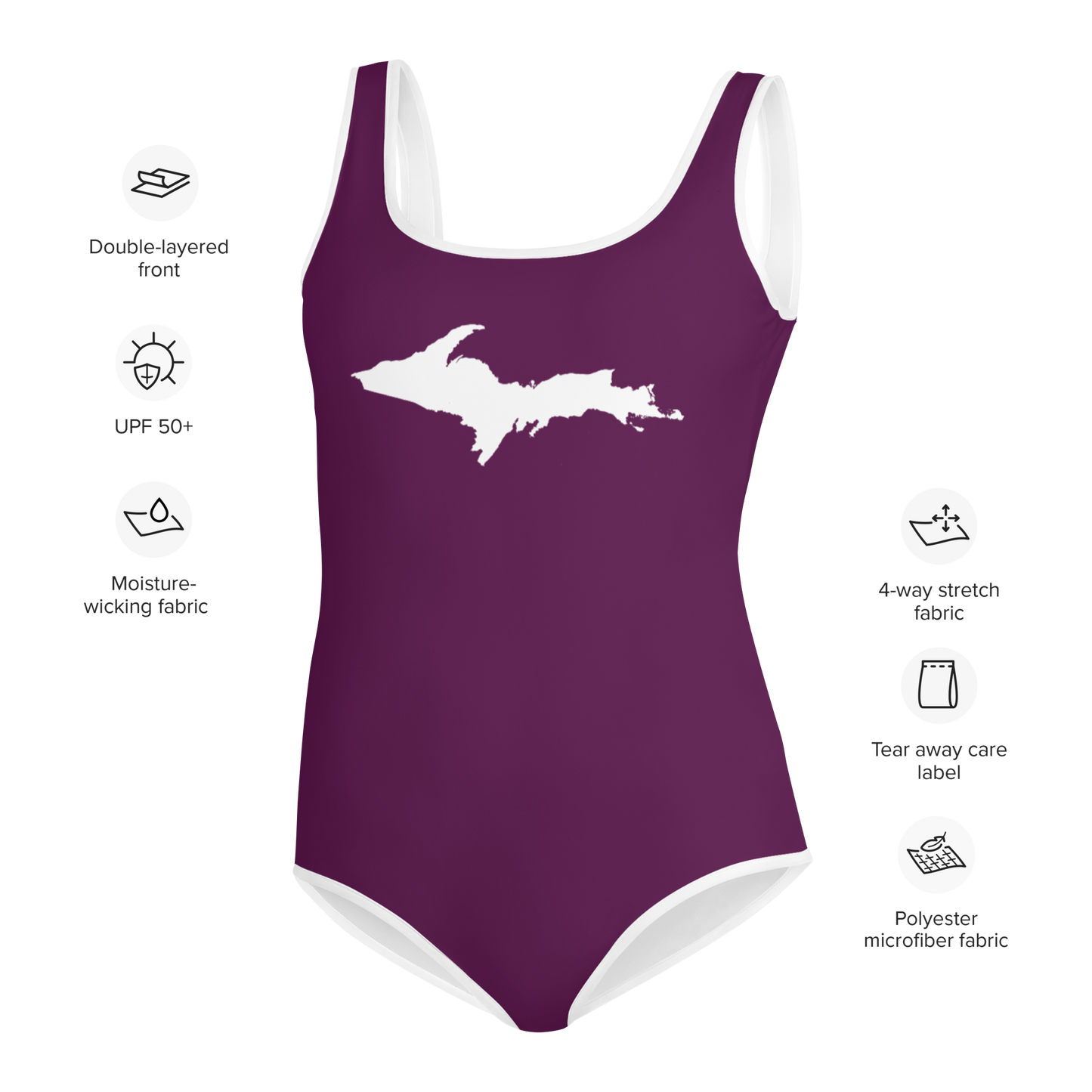 Michigan Upper Peninsula Youth Swimsuit (w/ UP Outline) | Tyrian Purple