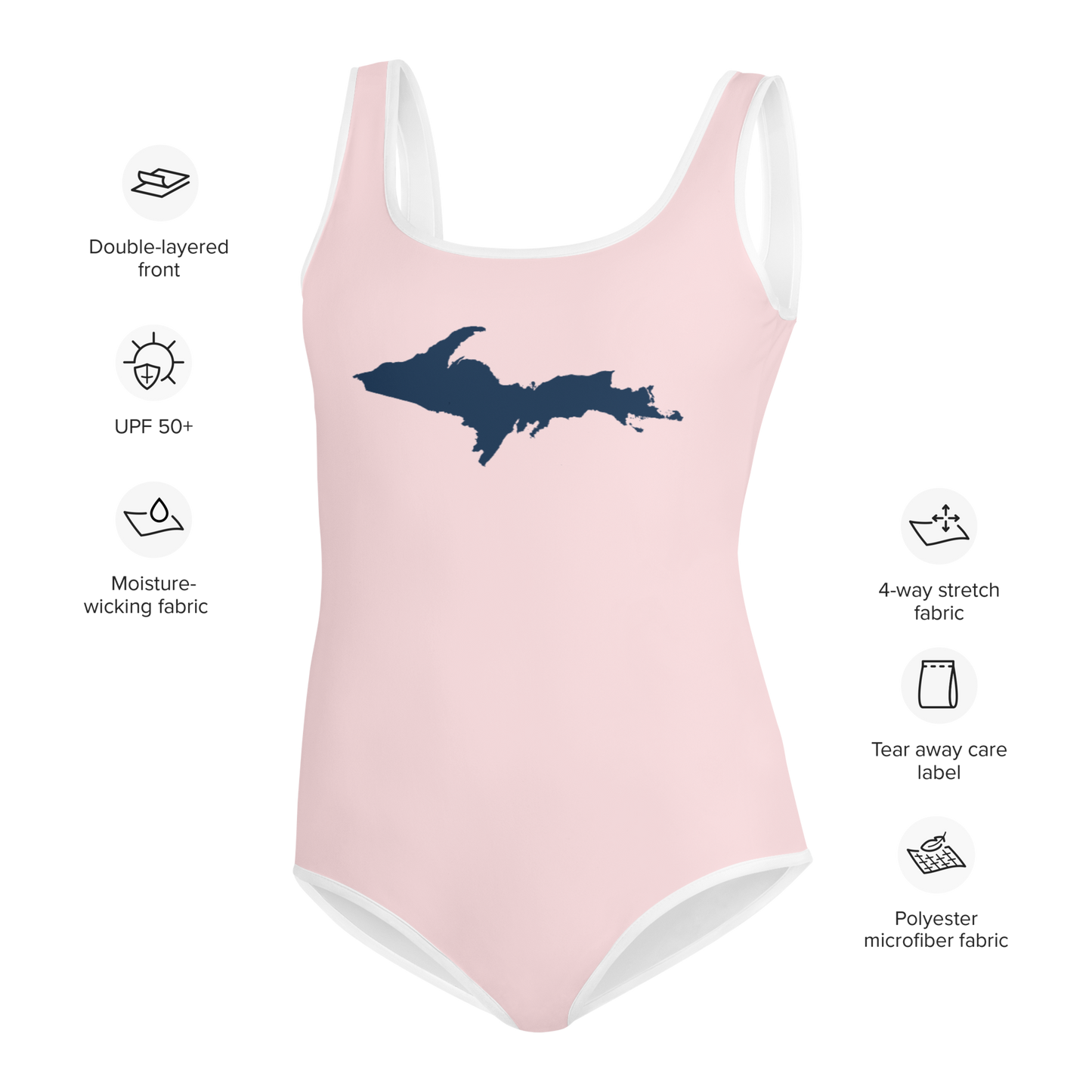 Michigan Upper Peninsula Youth Swimsuit (w/ UP Outline) | Pale Pink