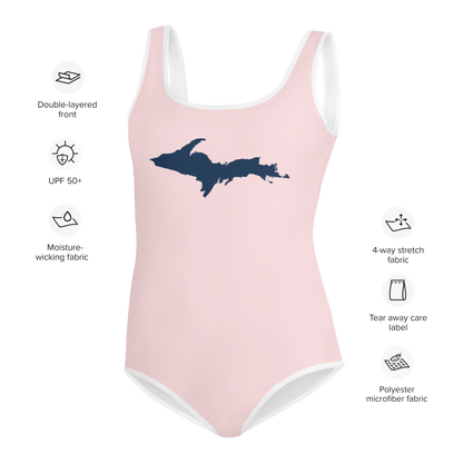 Michigan Upper Peninsula Youth Swimsuit (w/ UP Outline) | Pale Pink