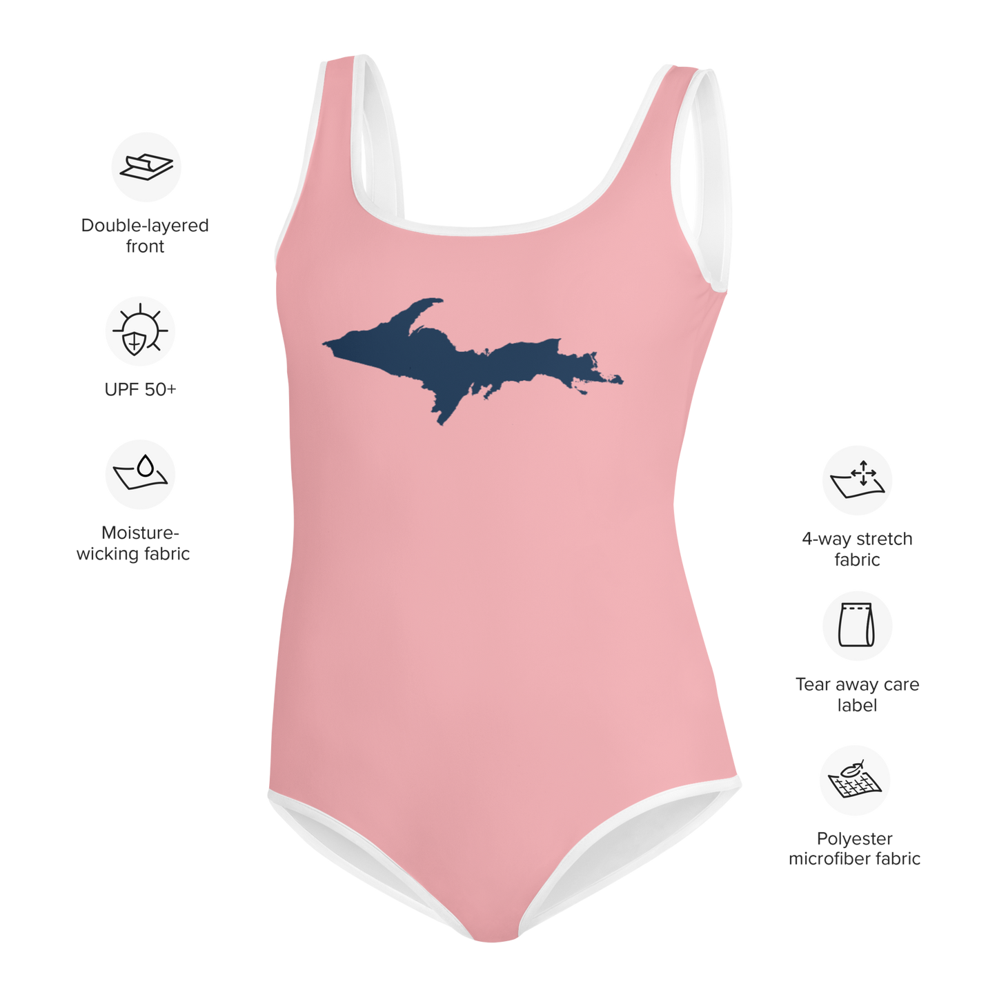 Michigan Upper Peninsula Youth Swimsuit (w/ UP Outline) | Strawberry Pink