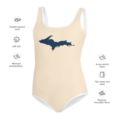 Michigan Upper Peninsula Youth Swimsuit (w/ UP Outline) | Champagne White