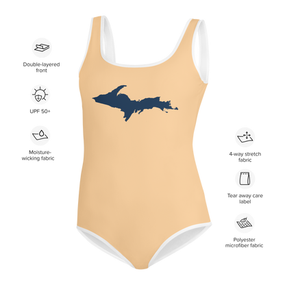 Michigan Upper Peninsula Youth Swimsuit (w/ UP Outline) | Pale Apricot