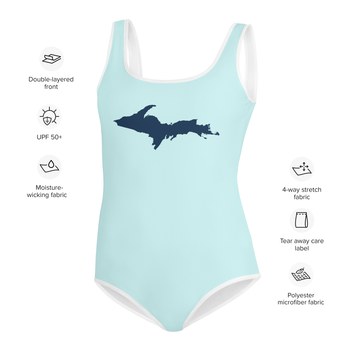 Michigan Upper Peninsula Youth Swimsuit (w/ UP Outline) | Cyan