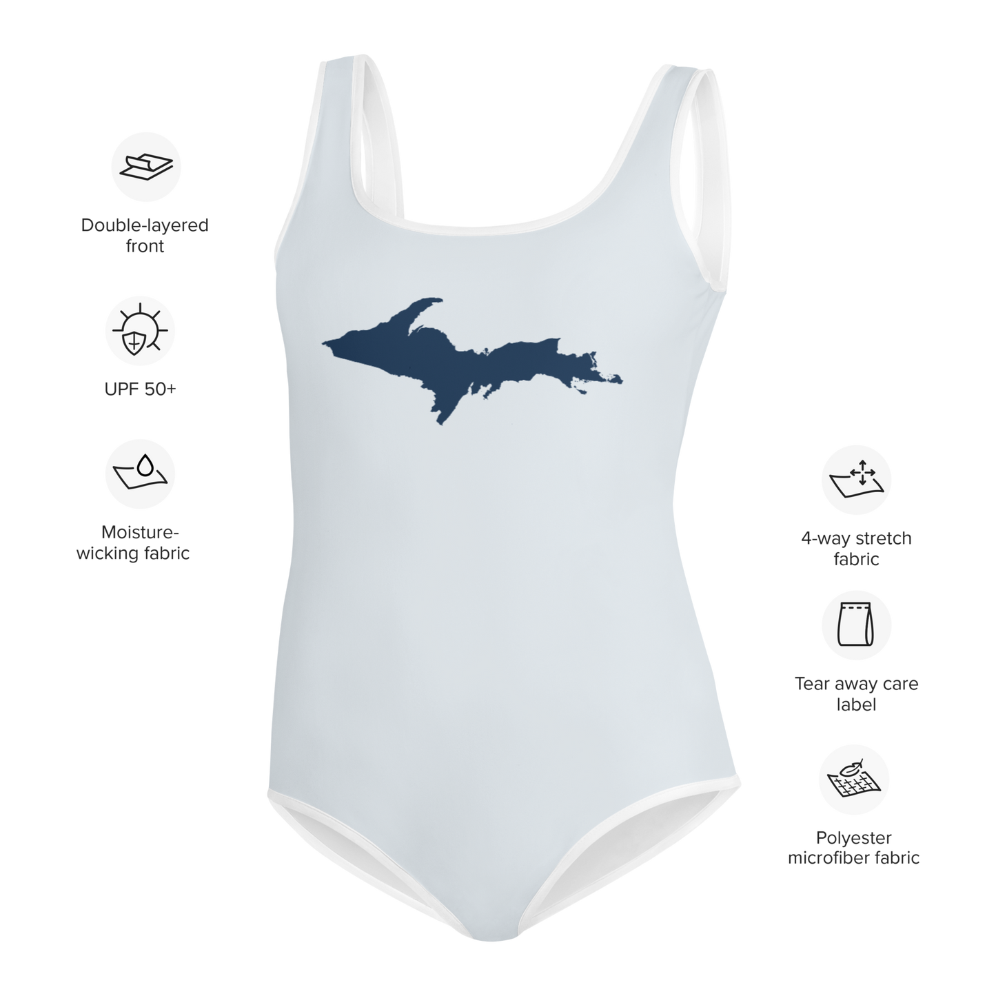 Michigan Upper Peninsula Youth Swimsuit (w/ UP Outline) | Gossy White