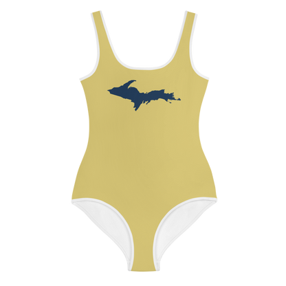 Michigan Upper Peninsula Youth Swimsuit (w/ UP Outline) | Plum Yellow