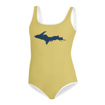 Michigan Upper Peninsula Youth Swimsuit (w/ UP Outline) | Plum Yellow