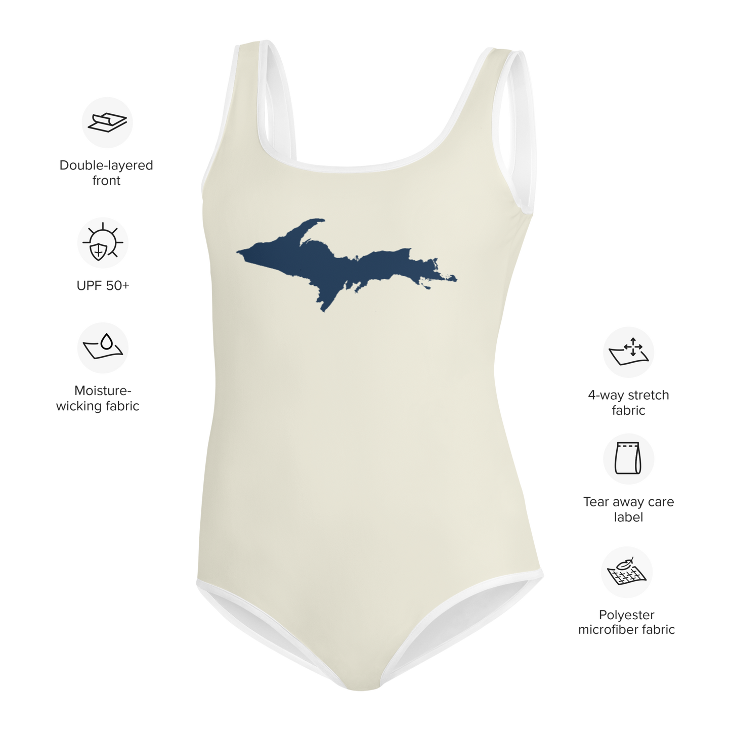 Michigan Upper Peninsula Youth Swimsuit (w/ UP Outline) | Ivory White