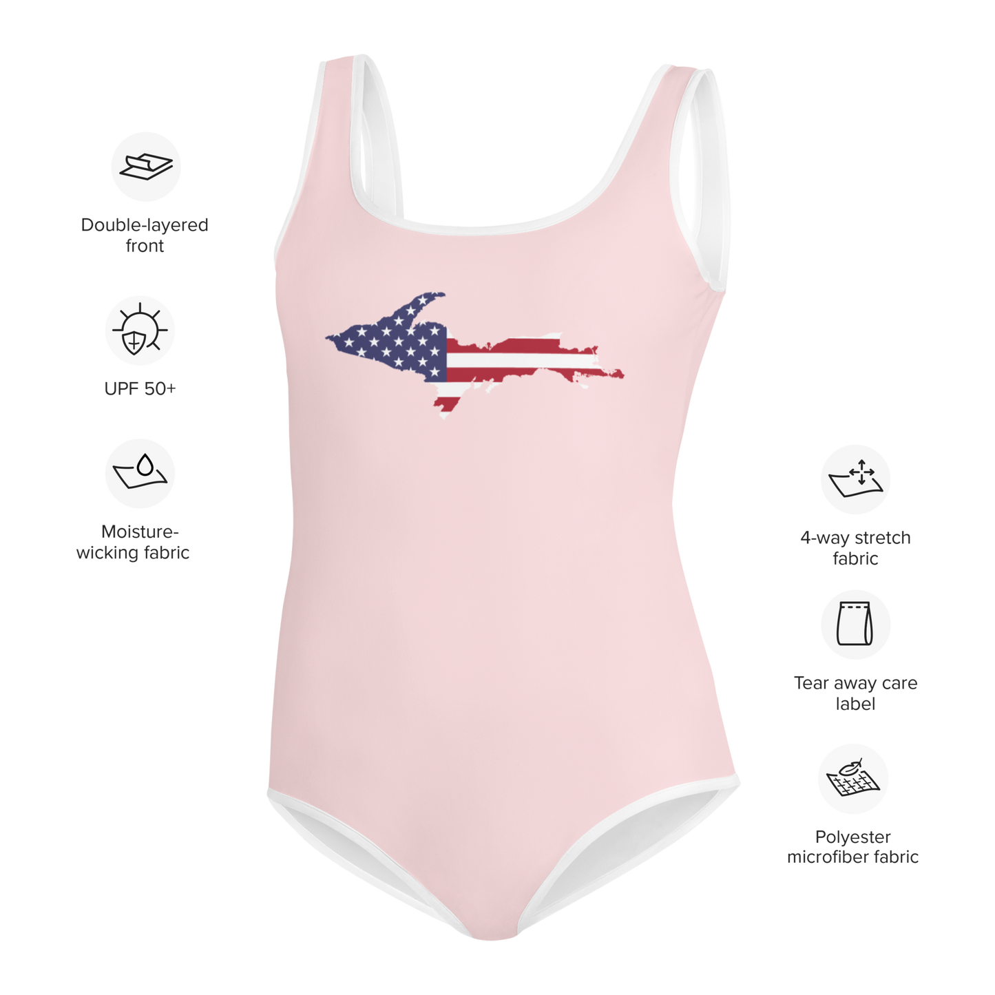 Michigan Upper Peninsula Youth Swimsuit (w/ UP USA Flag) | Pale Pink