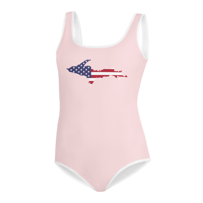 Michigan Upper Peninsula Youth Swimsuit (w/ UP USA Flag) | Pale Pink