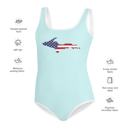 Michigan Upper Peninsula Youth Swimsuit (w/ UP Outline) | Cyan