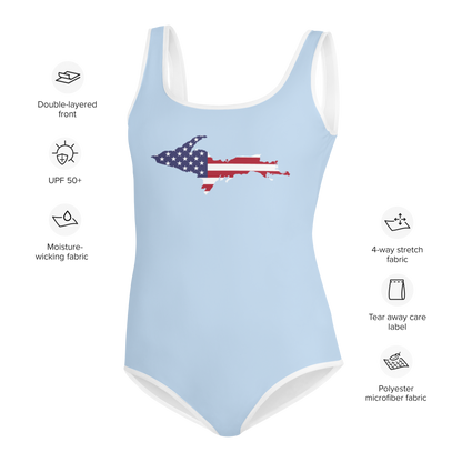 Michigan Upper Peninsula Youth Swimsuit (w/ UP Outline) | Light Blue