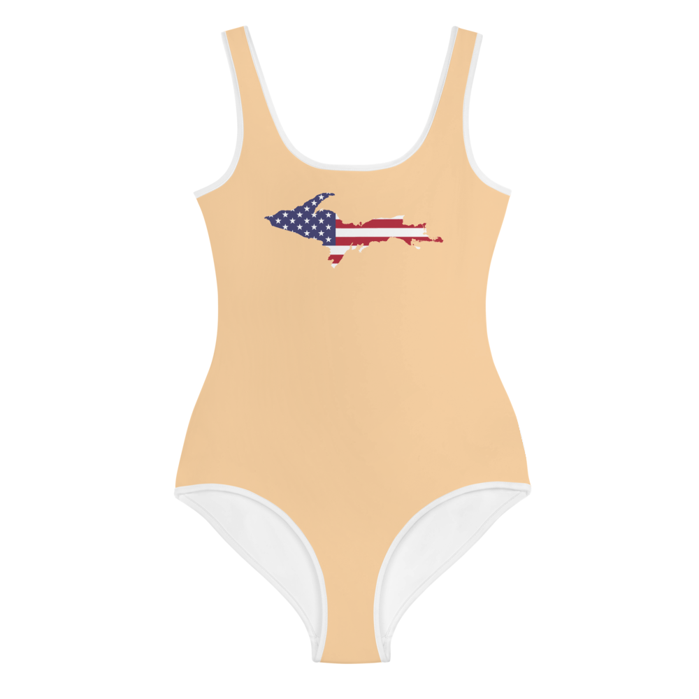 Michigan Upper Peninsula Youth Swimsuit (w/ UP Outline) | Pale Apricot