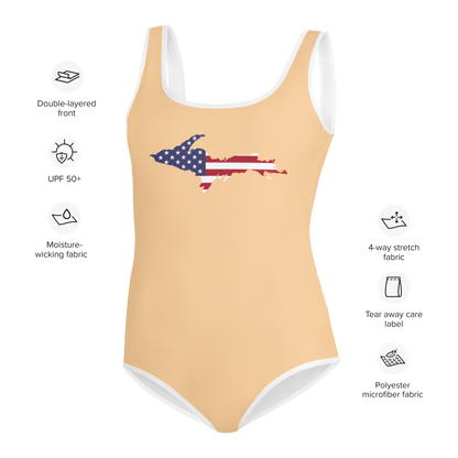 Michigan Upper Peninsula Youth Swimsuit (w/ UP Outline) | Pale Apricot