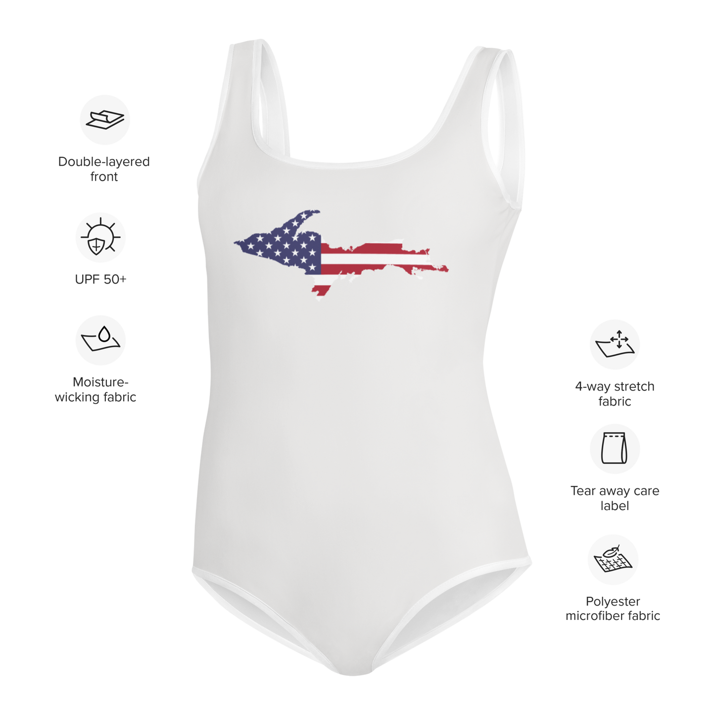 Michigan Upper Peninsula Youth Swimsuit (w/ UP Outline) | Birch Bark White