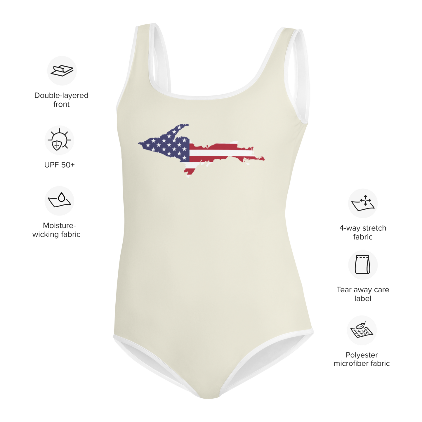 Michigan Upper Peninsula Youth Swimsuit (w/ UP Outline) | Ivory White