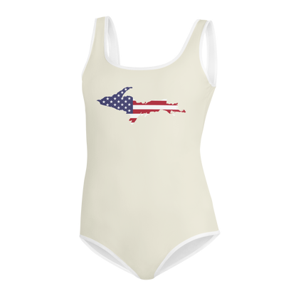 Michigan Upper Peninsula Youth Swimsuit (w/ UP Outline) | Ivory White