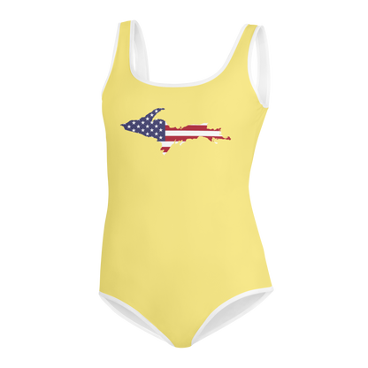 Michigan Upper Peninsula Youth Swimsuit (w/ UP Outline) | Cherry Yellow