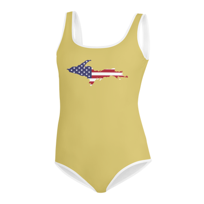 Michigan Upper Peninsula Youth Swimsuit (w/ UP Outline) | Plum Yellow