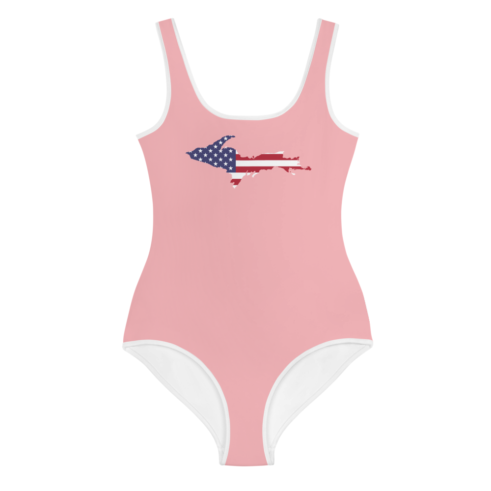 Michigan Upper Peninsula Youth Swimsuit (w/ UP Outline) | Strawberry Pink