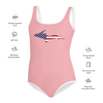 Michigan Upper Peninsula Youth Swimsuit (w/ UP Outline) | Strawberry Pink