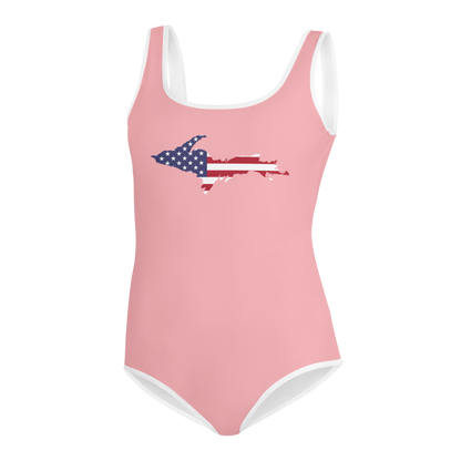 Michigan Upper Peninsula Youth Swimsuit (w/ UP Outline) | Strawberry Pink