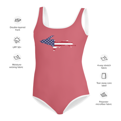 Michigan Upper Peninsula Youth Swimsuit (w/ UP Outline) | Watermelon Pink