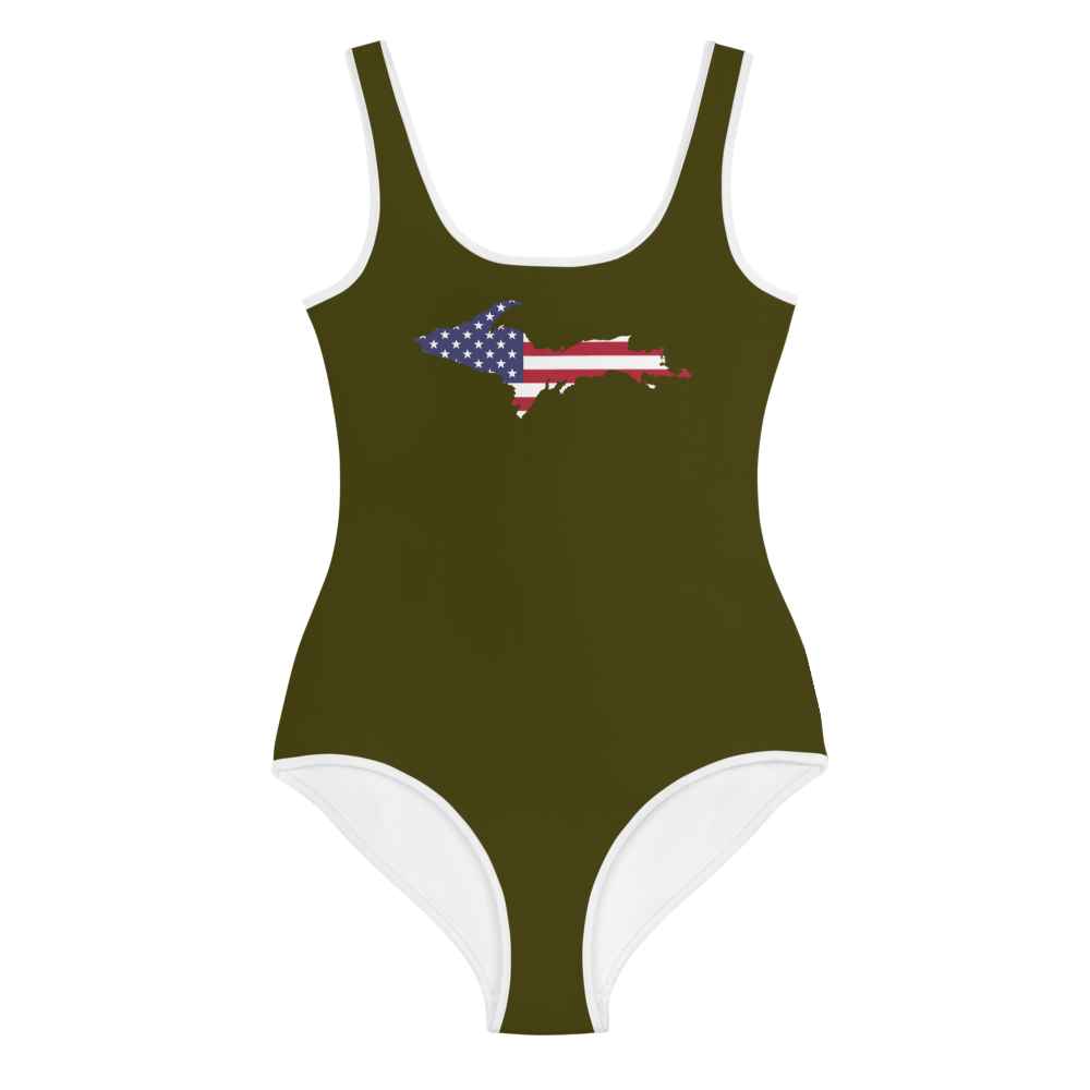 Michigan Upper Peninsula Youth Swimsuit (w/ UP Outline) | Military Green