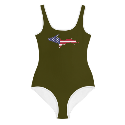 Michigan Upper Peninsula Youth Swimsuit (w/ UP Outline) | Military Green