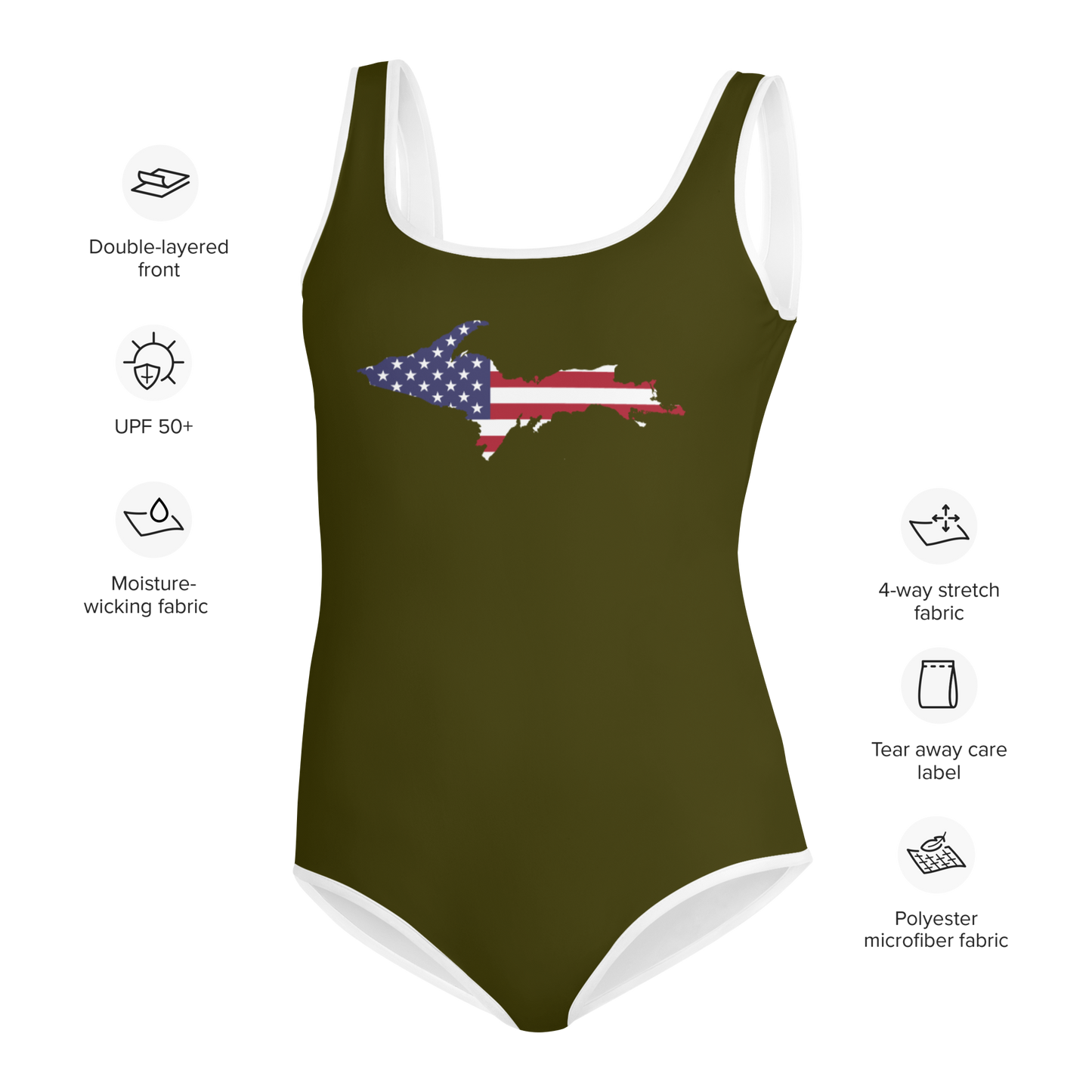 Michigan Upper Peninsula Youth Swimsuit (w/ UP Outline) | Military Green