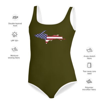 Michigan Upper Peninsula Youth Swimsuit (w/ UP Outline) | Military Green